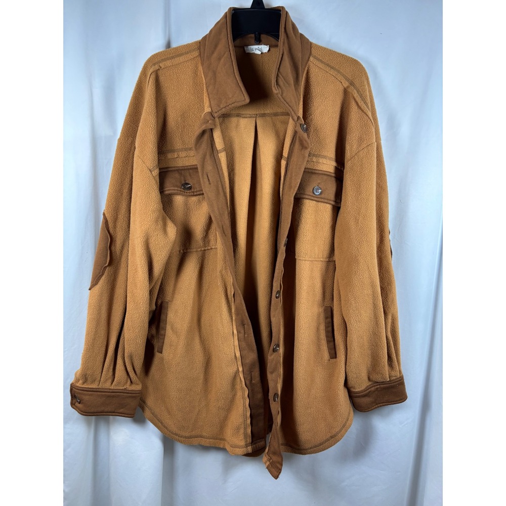 La Miel Womens Large Camel Brown Fleece Shacket Elbow Patches Button Up Jacket